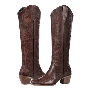 Wide Calf Friendly Embroidered Brown Knee High Western Cowgirl Pointed Toe Boots